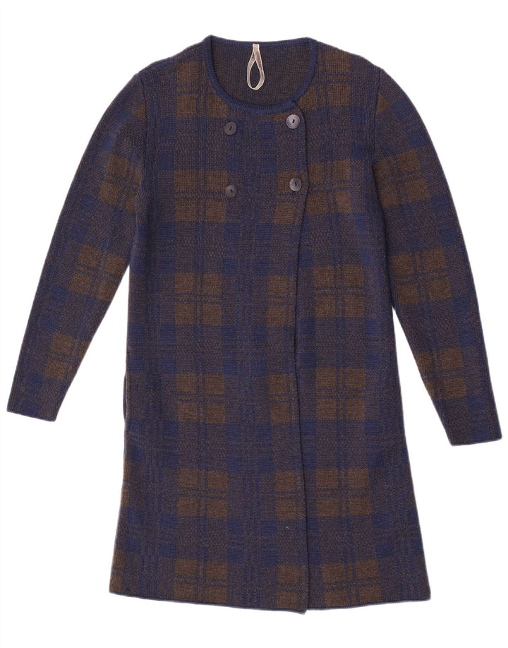 Vintage Dame Longline Cardigan Sweater UK 14 Medium Navy Blue Check