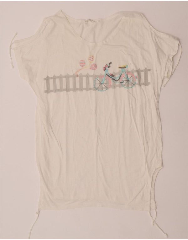 Vintage Dame Grafisk T-Shirt Top IT 44 Medium Hvid Bomuld