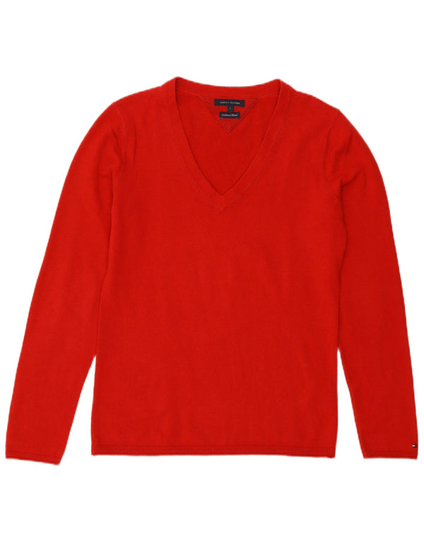 Tommy Hilfiger Dame V-hals sweater UK 14 Stor Rød Bomuld
