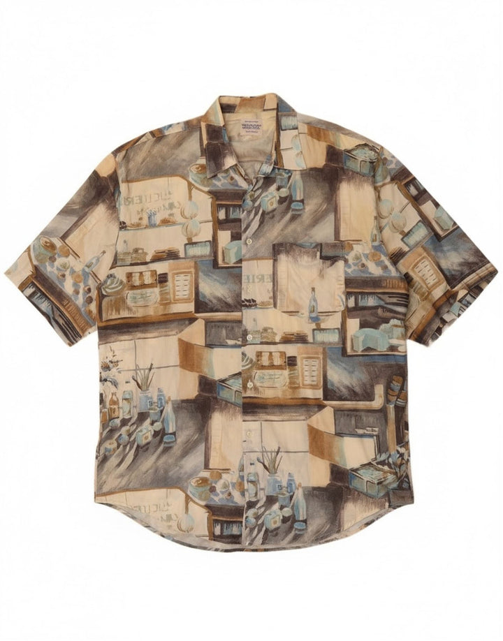 Benetton Herre grafisk kortærmet skjorte XL Beige Patchwork Bomuld