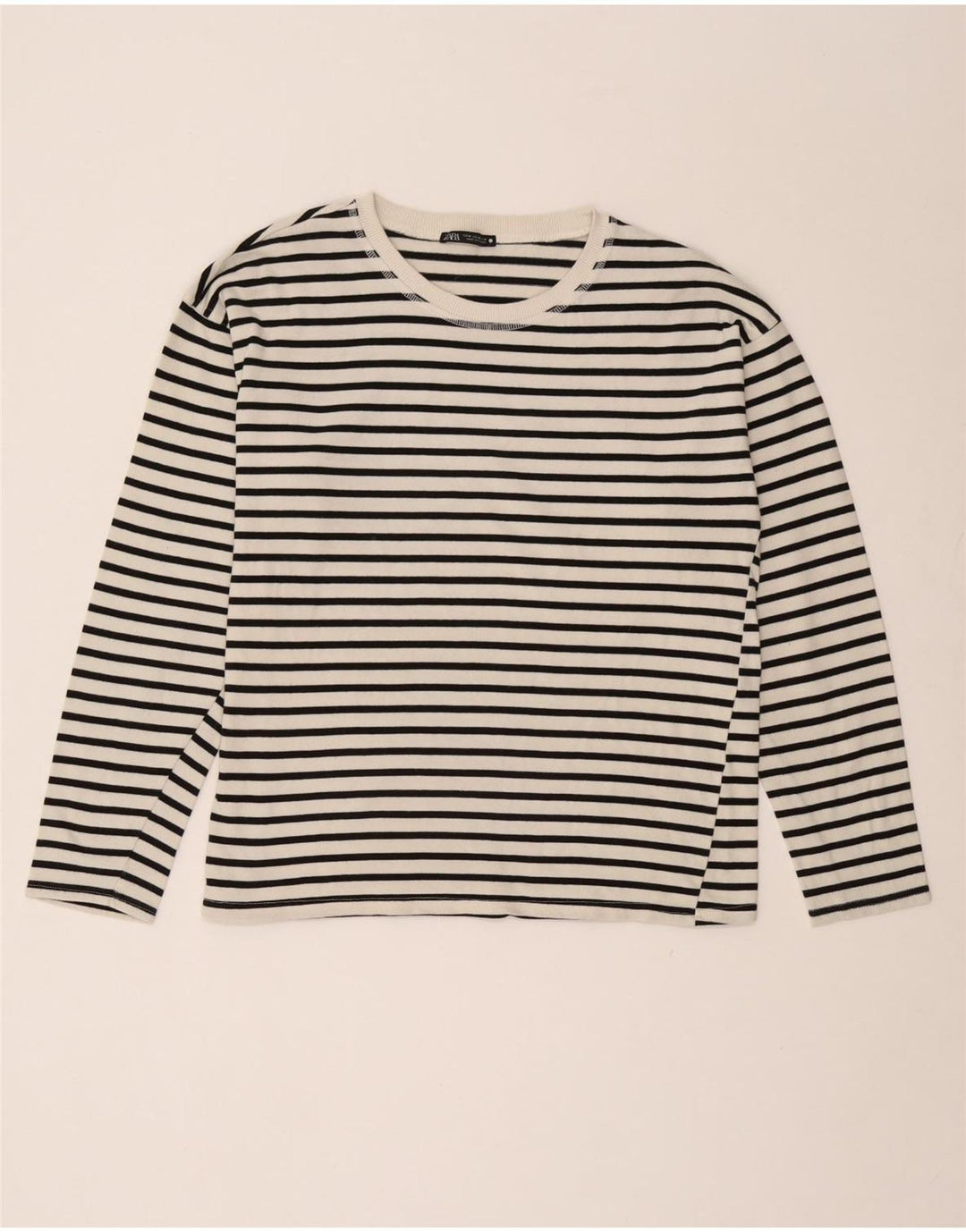 Zara Dame Top Langærmet UK 14 Medium Hvid Stribet Nautical