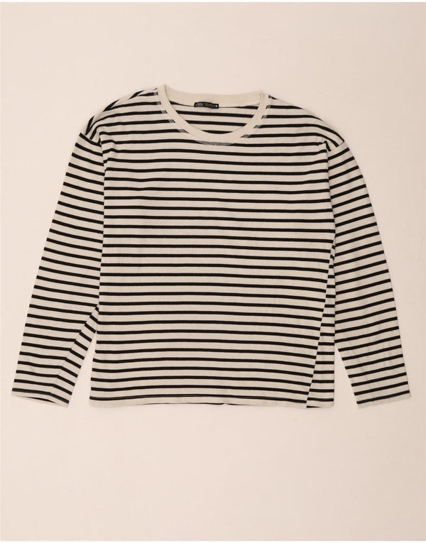 Zara Dame Top Langærmet UK 14 Medium Hvid Stribet Nautical