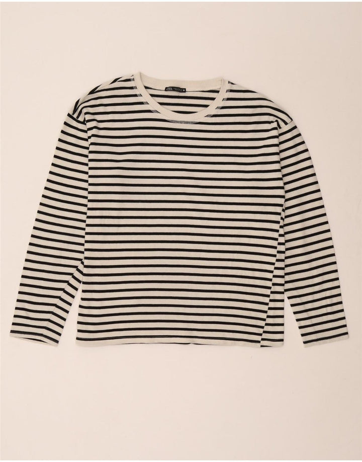 Zara Dame Top Langærmet UK 14 Medium Hvid Stribet Nautical