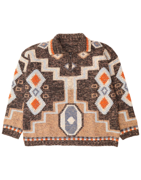 Vintage dame polo hals sweater UK 18 XL brun geometrisk uld