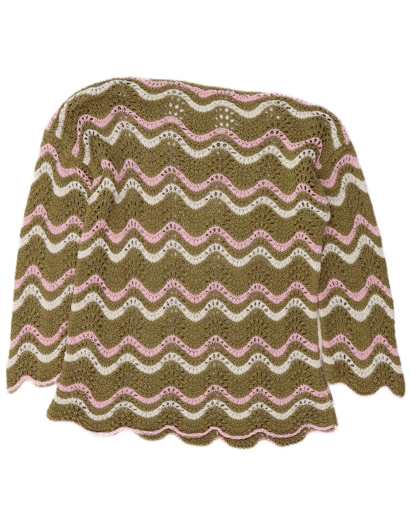 Vintage kvinders hæklet bådhals sweater UK 14 Medium Khaki Chevron