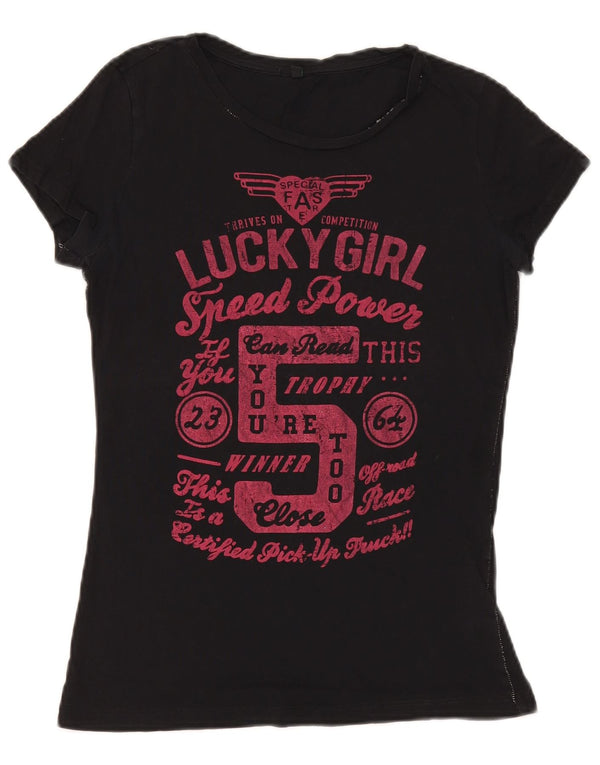 Benetton Womens Graphic T-Shirt Top UK 12 Medium Black Cotton