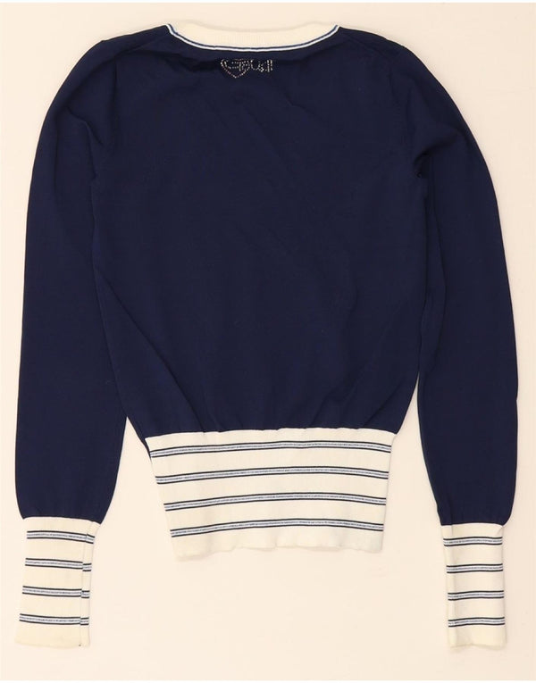 Gaudi Dame V-hals sweater UK 6 XS Marineblå Colourblock Viscose