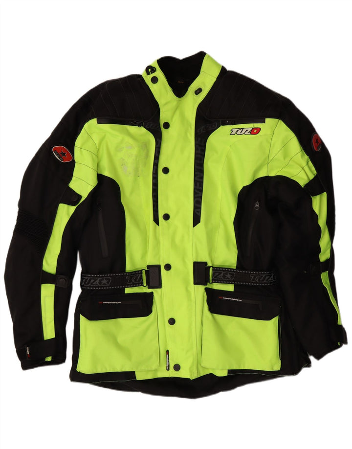 VINTAGE Herre grafisk Moto Racer Bomber Jacket UK 44 2XL Grøn Colourblock