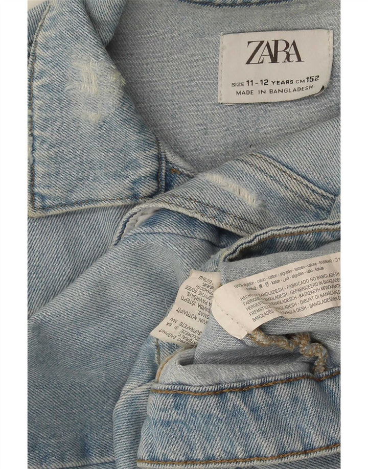 Zara Girls Distressed Denim Jacket 11-12 Years Blue Cotton