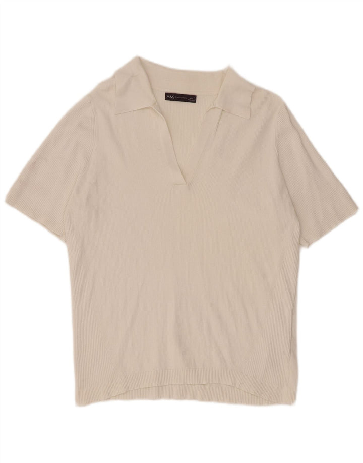 Marks & Spencer Dame Polo Shirt UK 14 Stor Hvid Bomuld