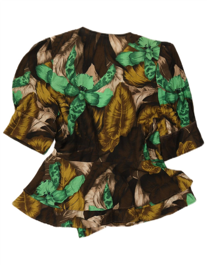 VINTAGE Kortærmet skjortebluse til kvinder IT 42 Medium Khaki Floral