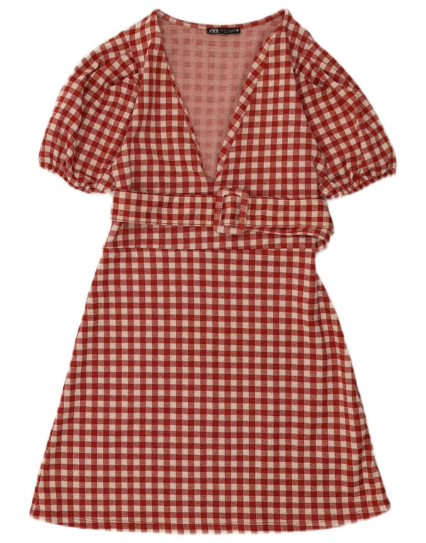 Zara Womens A-Line Dress UK 8 Small Red Gingham Polyester