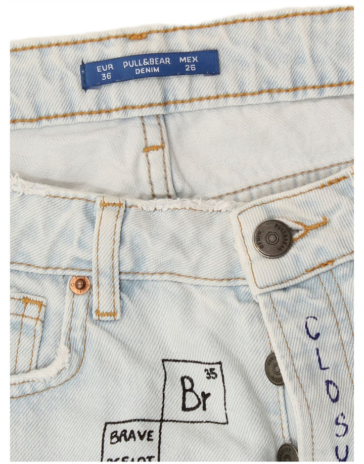 Pull & Bear Graphic Distressed Denim Shorts til kvinder EU 36 XS W26 Blå
