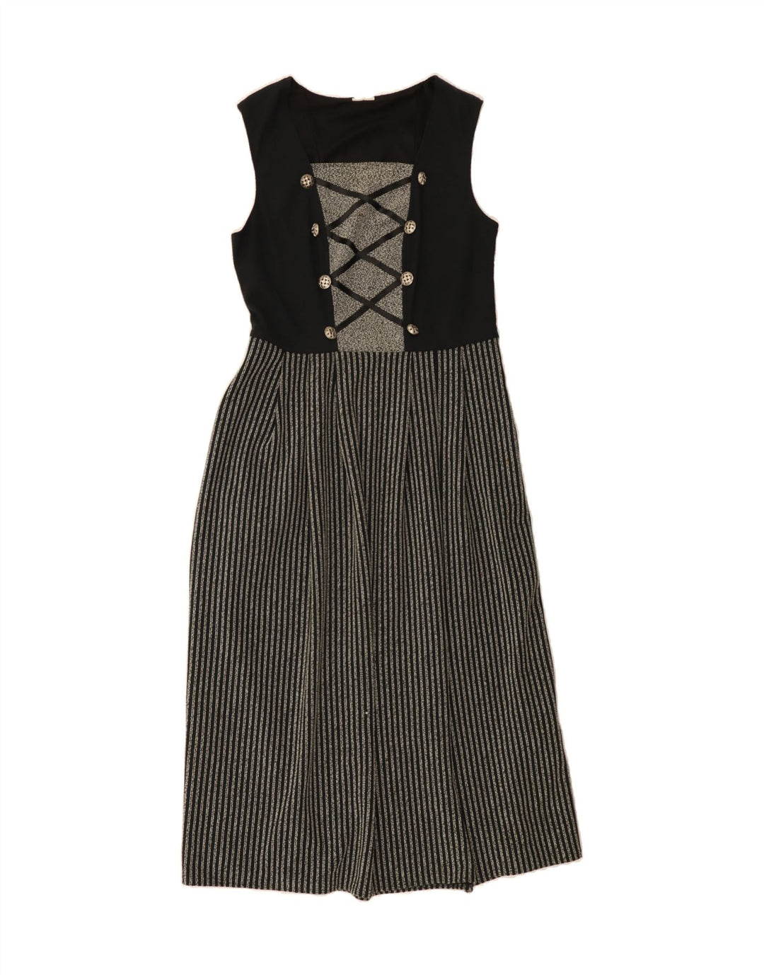 VINTAGE Womens Sleeveless Maxi Dress UK 14 Medium Black Striped Polyester Vintage Vintage and Second-Hand Vintage from Messina Hembry 