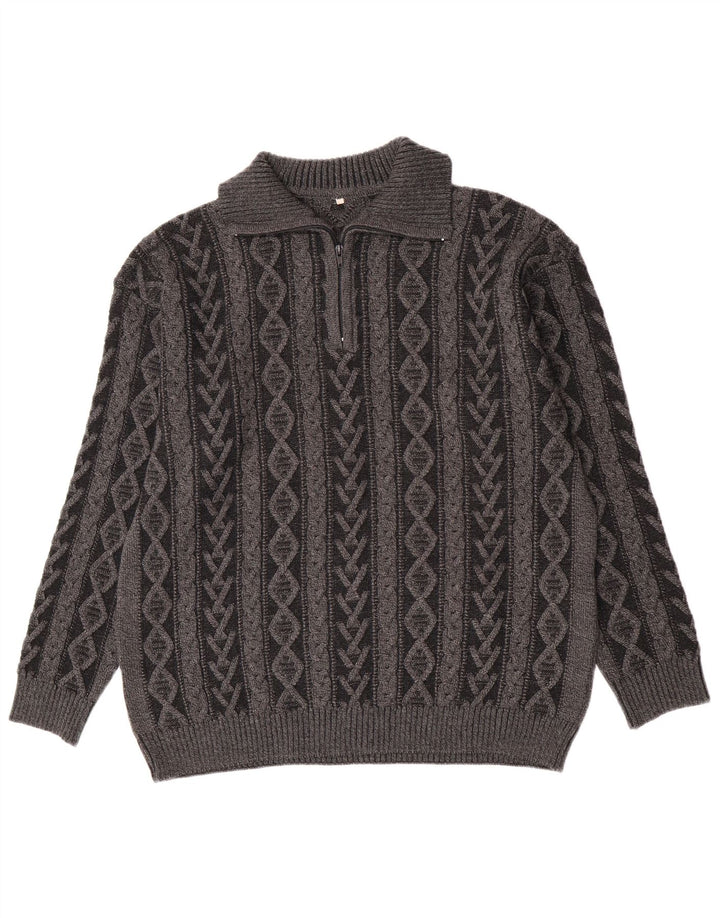Vintage Herre Zip Neck Jumper Sweater IT 52 Stor Grå Geometrisk Uld