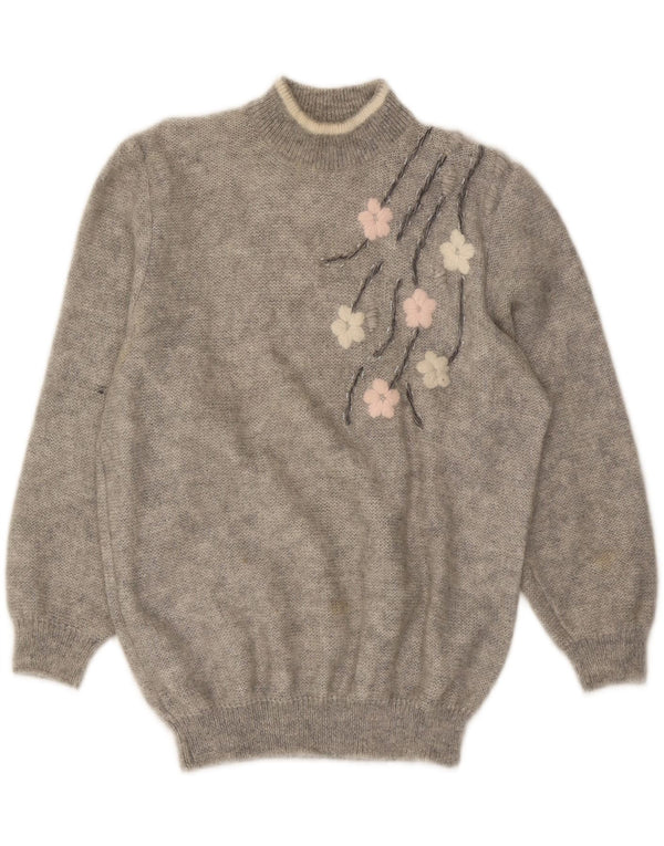 VINTAGE Dame Turtle Neck Jumper Sweater UK 18 XL Grey Floral Mohair