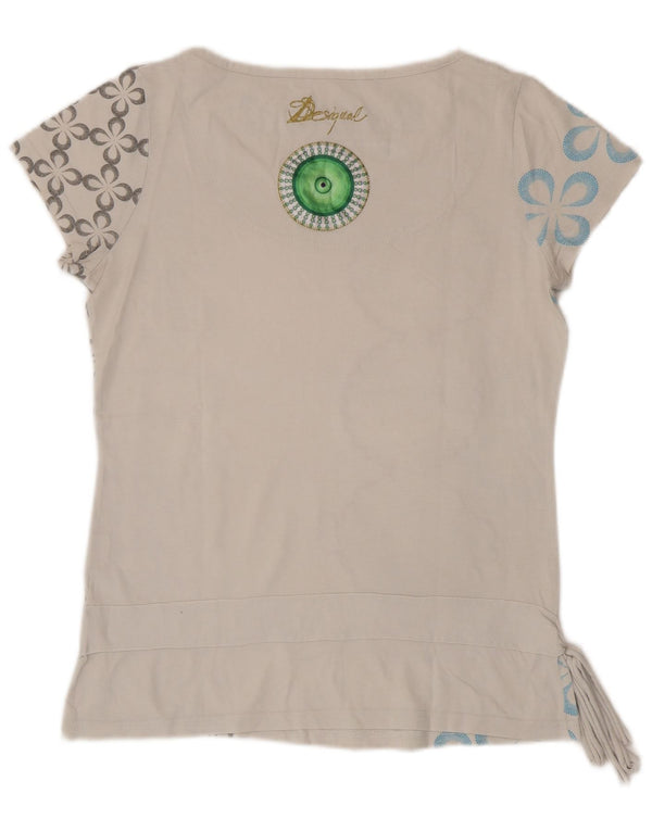 Desigual Dame Grafisk T-Shirt Top UK 12 Medium White Floral Bomuld
