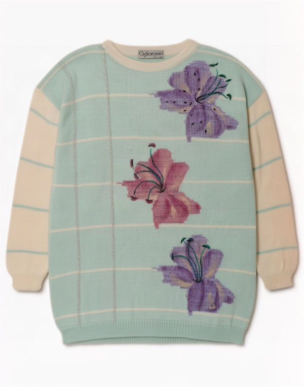 Vintage Dame Boat Neck Jumper Sweater UK 16 Large Blue Floral Polyacrylic