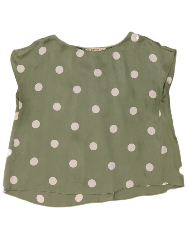 Zara Womens Crop Oversized Bluse Top UK 10 Small Green Polka Dot Polyester