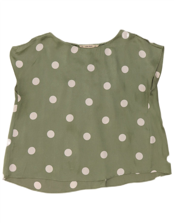 Zara Womens Crop Oversized Bluse Top UK 10 Small Green Polka Dot Polyester