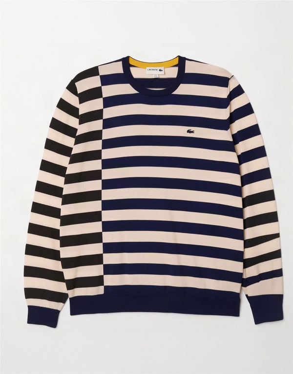 Lacoste Mens Crew Neck Jumper Sweater Size 8 3XL Navy Blue Striped Cotton