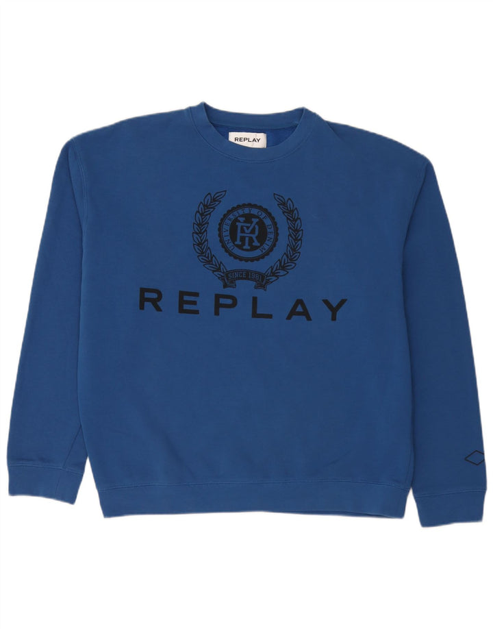 Replay Herre Grafisk Sweatshirt Jumper XL Blå Bomuld