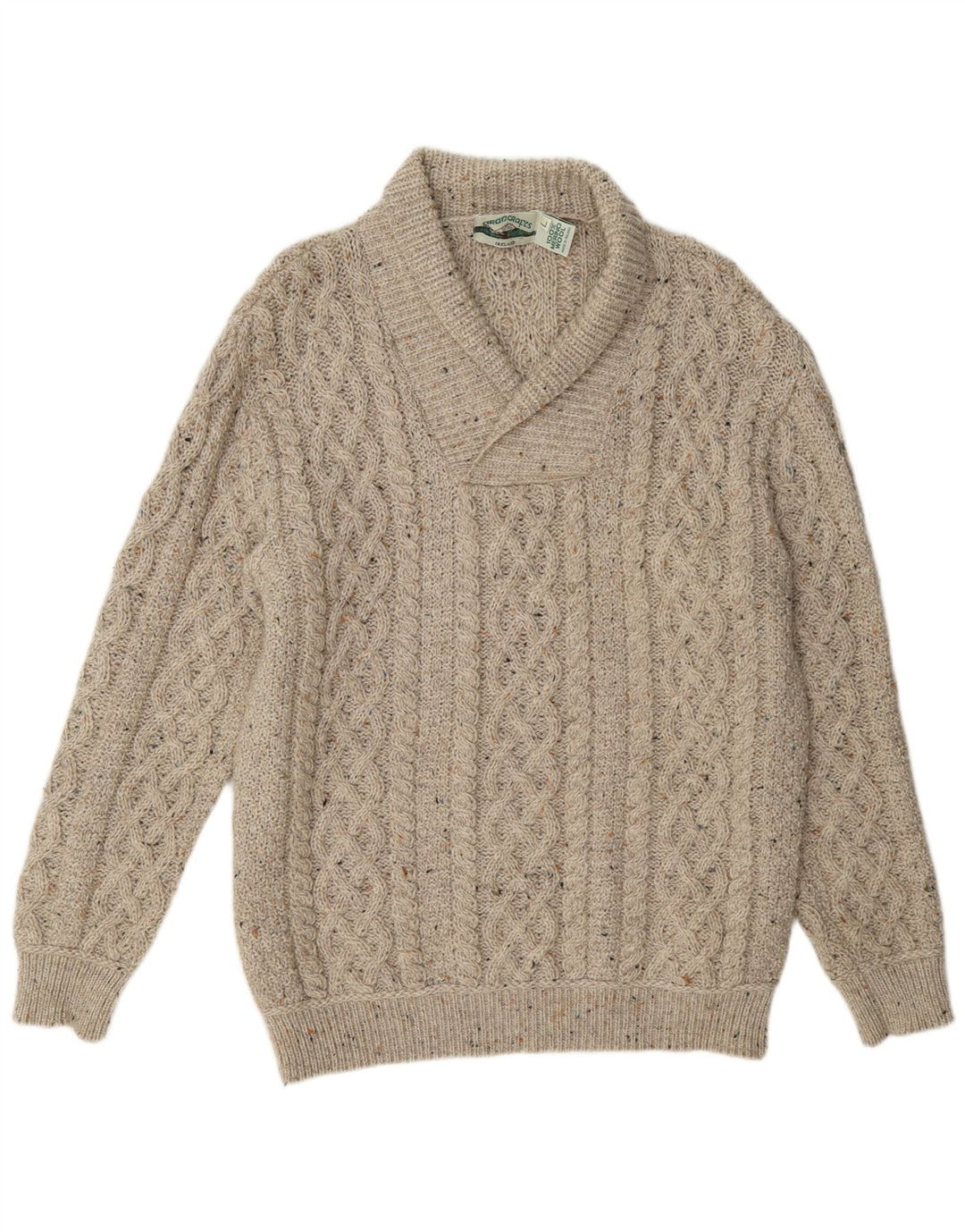Aran Crafts Herre Shawl Neck Jumper Sweater Large Beige Flecked Wool