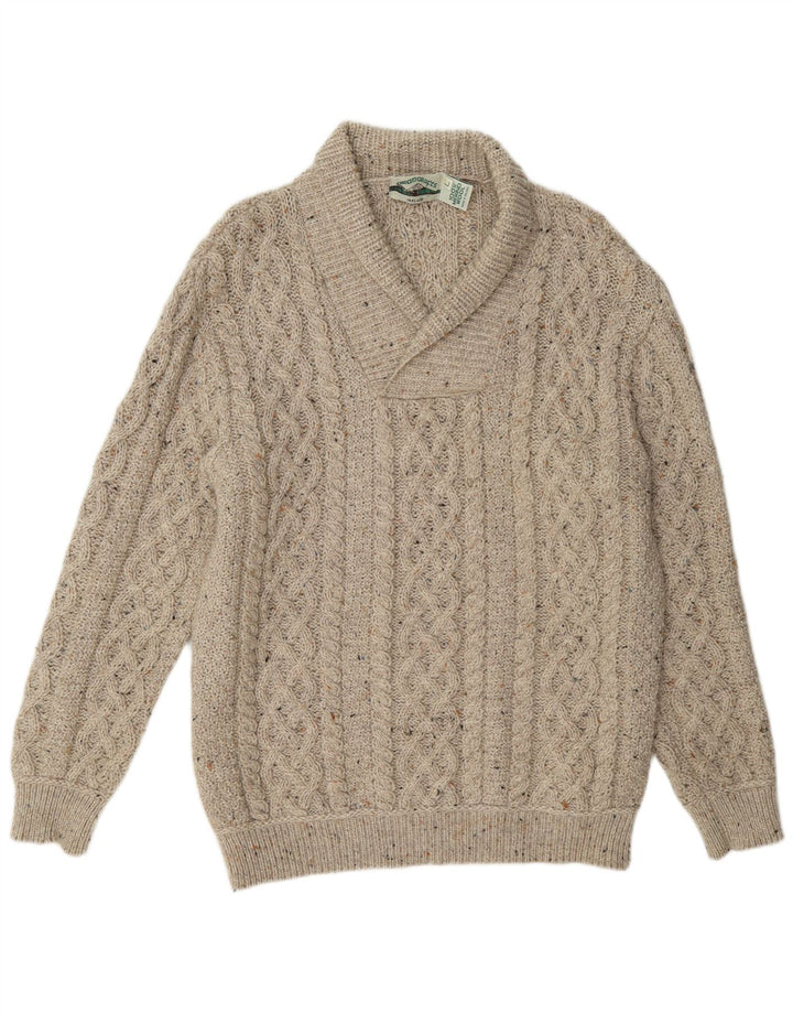 Aran Crafts Herre Shawl Neck Jumper Sweater Large Beige Flecked Wool