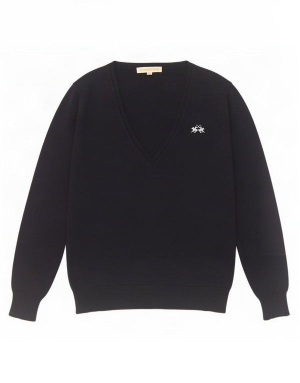 La Martina Dame V-hals sweater UK 12 Medium Navy Blue Wool