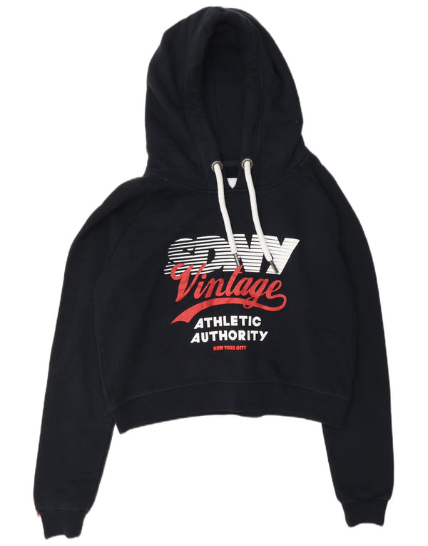 Superdry Womens Crop Graphic Hoodie Jumper UK 14 Stor marineblå bomuld