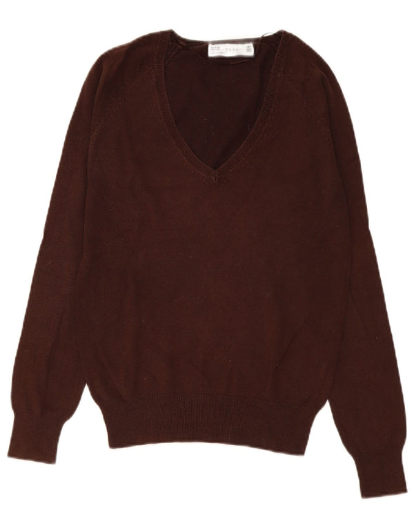 Zara Dame V-hals sweater UK 12 Medium Brun Bomuld