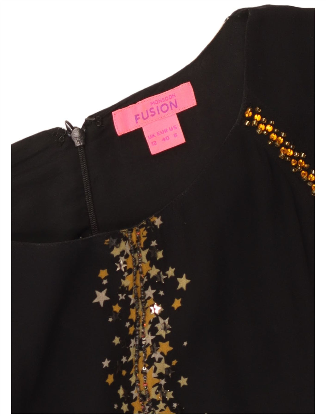 MONSOON Kvinder abstrakt mønster 3/4 ærmet A-line kjole UK 12 Medium Sort