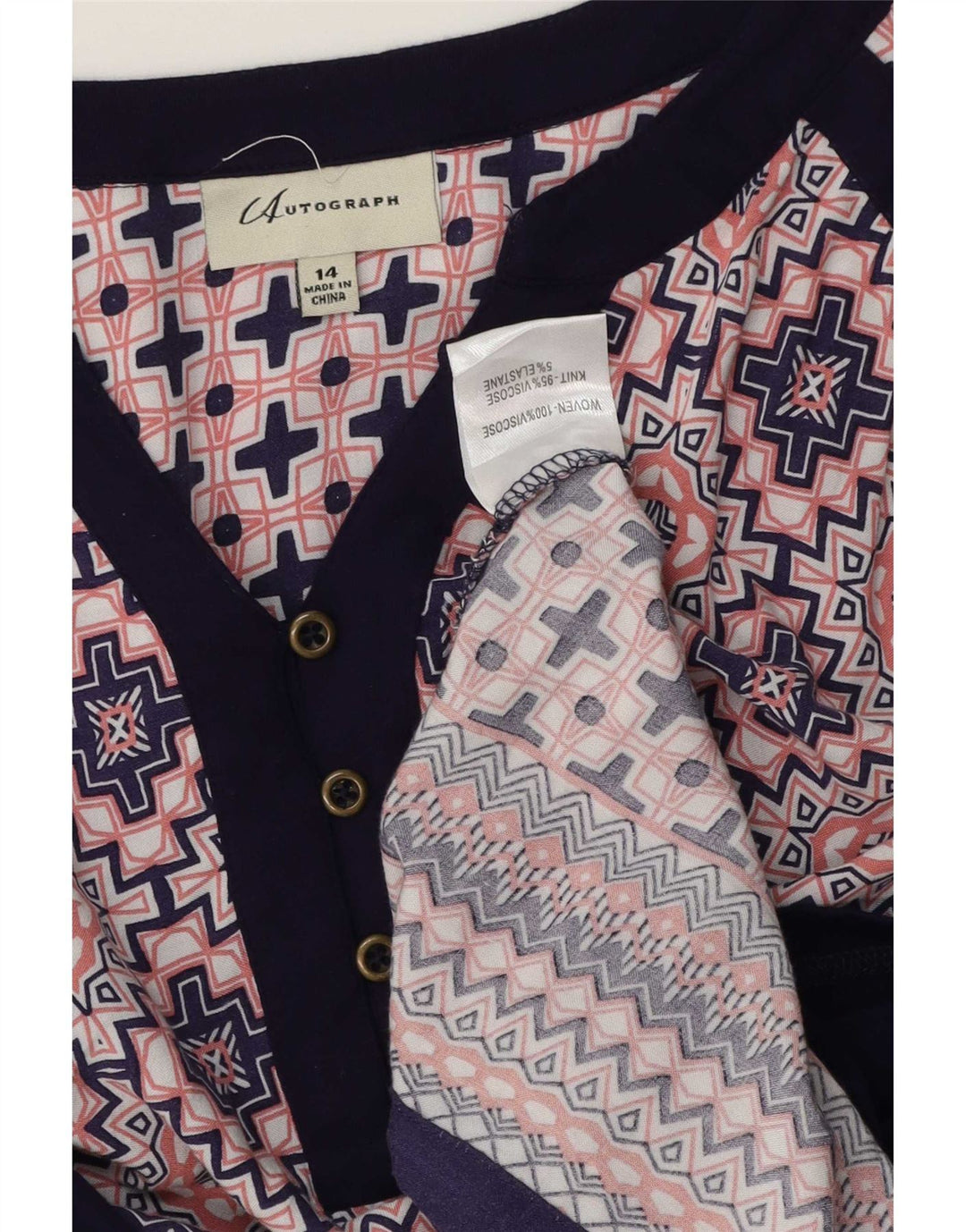 Marks & Spencer Dame 3/4-ærmet bluse Top UK 14 Stor Blå Geometrisk