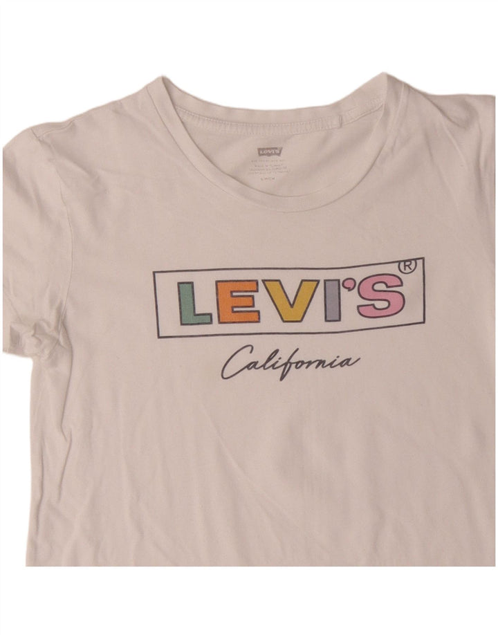 LEVI'S Dame Crop Grafisk T-Shirt Top UK 10 Small White Bomuld