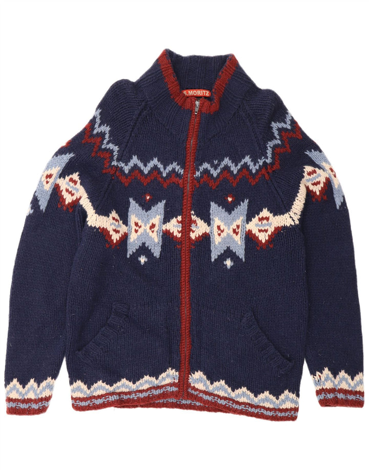 S. Moritz Herre Cardigan Sweater XL Blue Fair Isle Wool