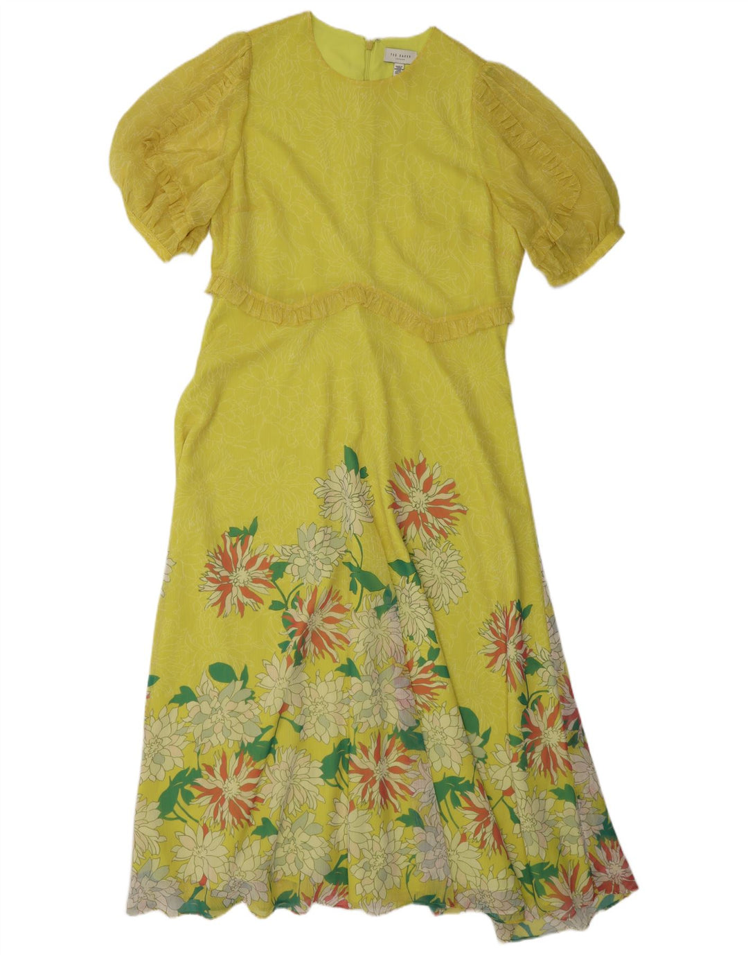 TED BAKER Dame Flæse A-Line Kjole Størrelse 4 Large Yellow Floral Polyester