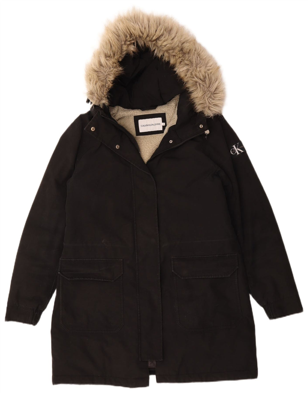 Calvin Klein Jeans Dame Oversized Sherpa Parka Jacket UK 10 Small Black