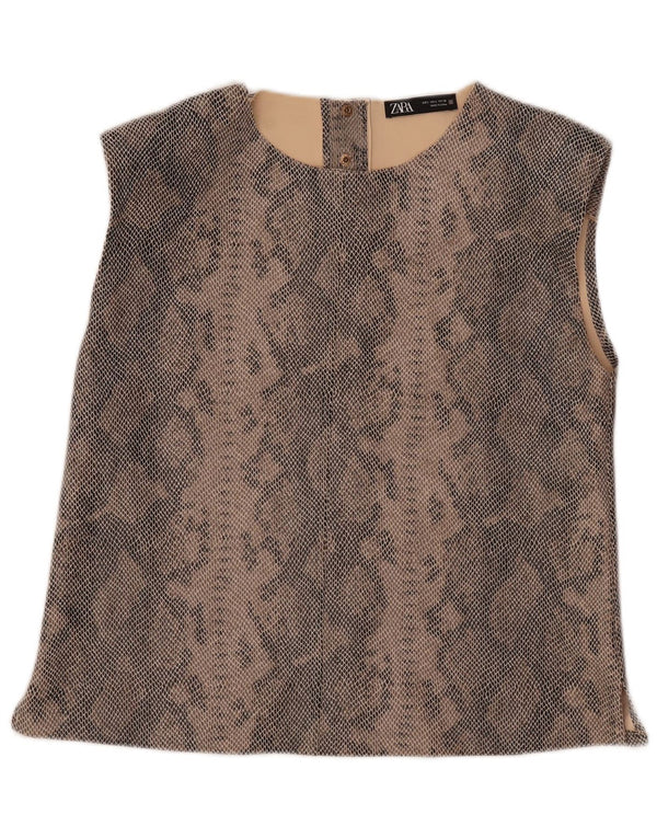 Zara Dame ærmeløs bluse Top UK 16 Large Beige Animal Print Bomuld