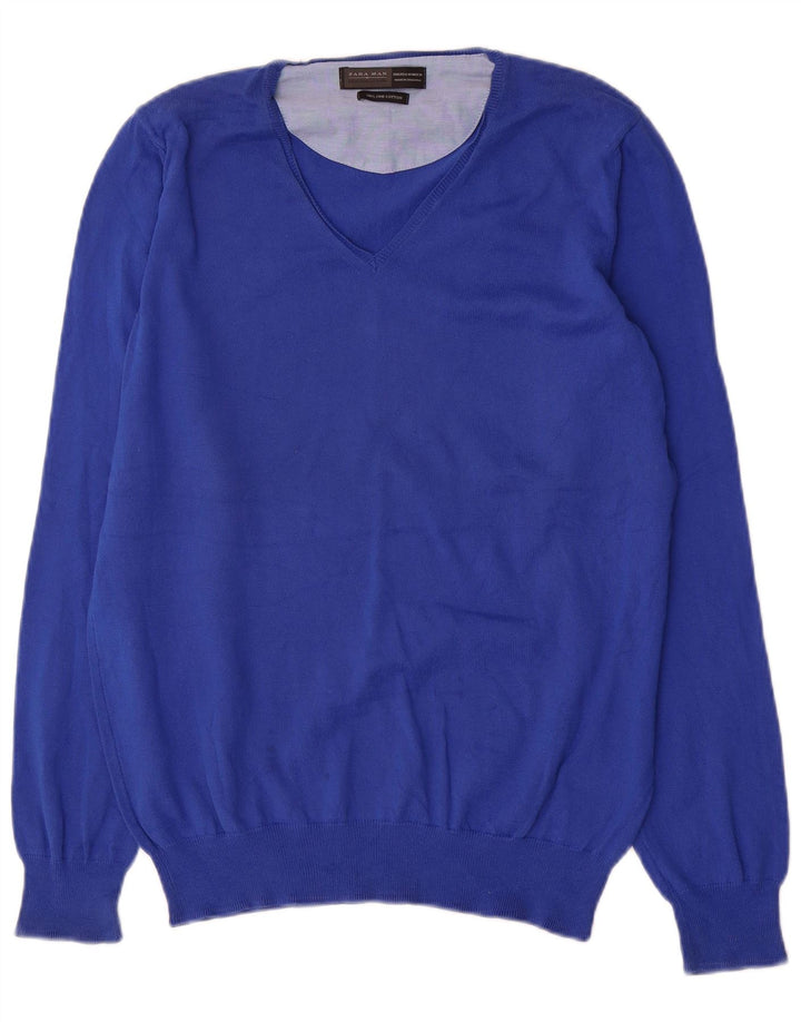 Zara Herre V-hals sweater mellemblå bomuld