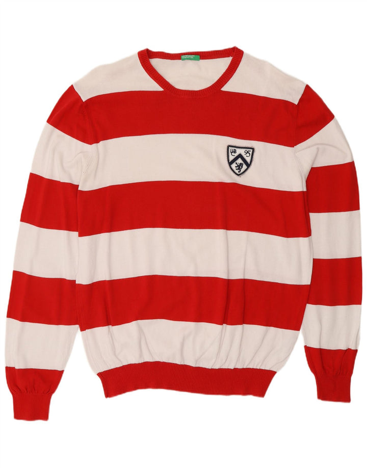 BENETTON Herre sweater med rund hals XL rødstribet bomuld