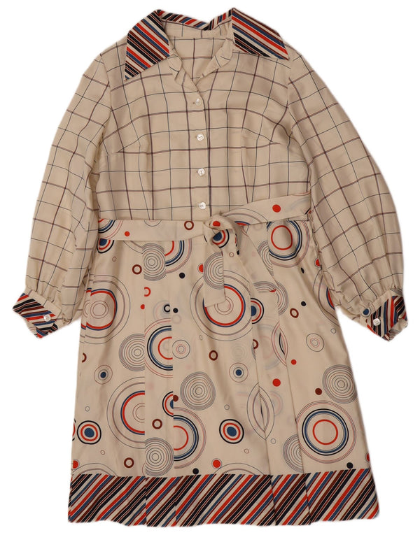 Vintage Dame Langærmet A-Line Kjole UK 16 Stor Beige Geometrisk