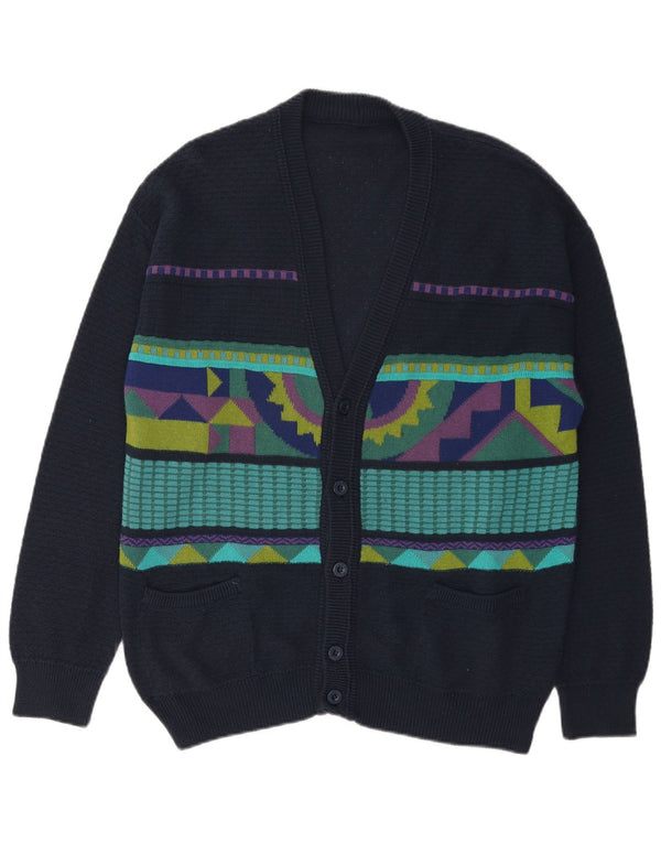 Vintage herre cardigan sweater Stor marineblå geometrisk bomuld