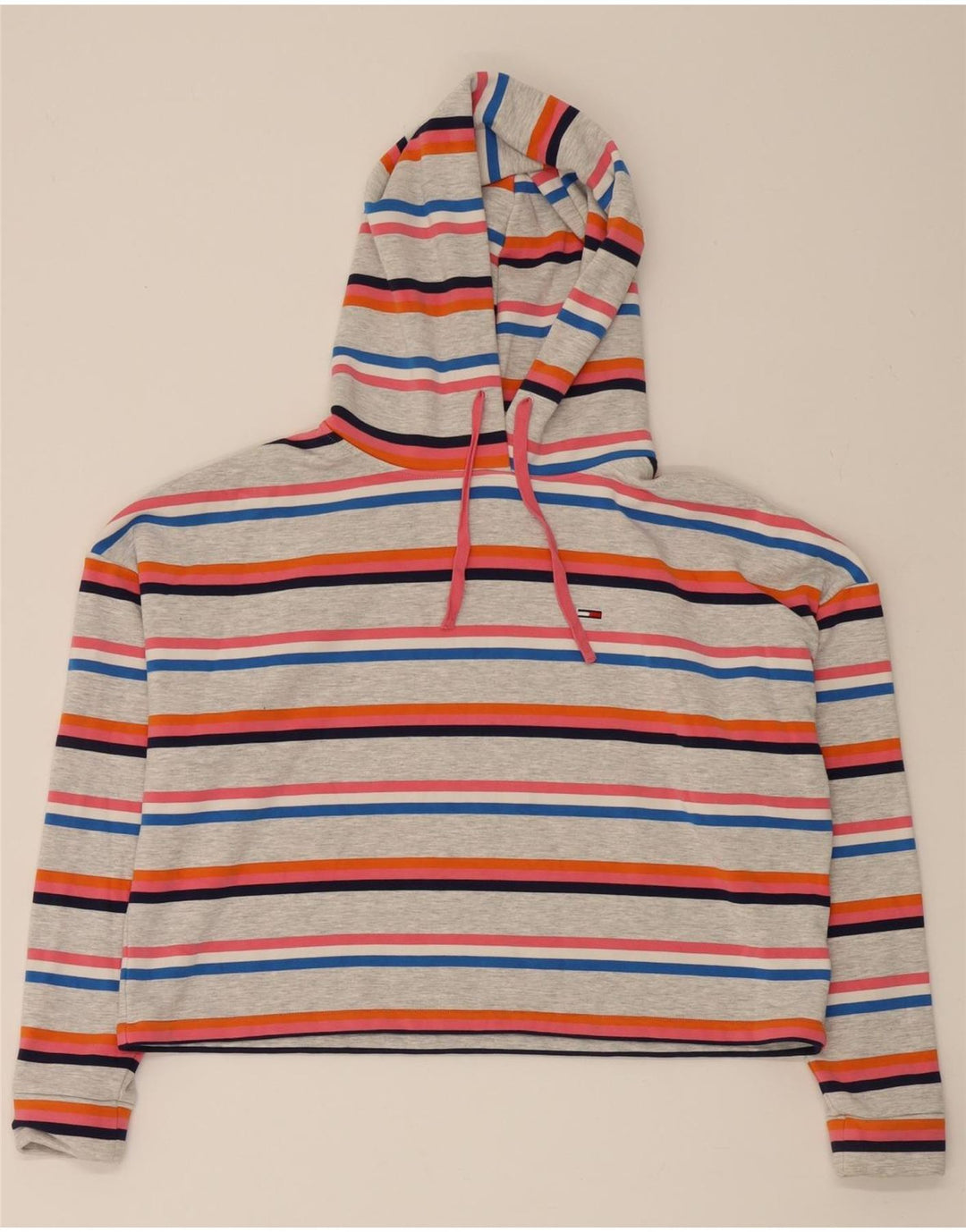 TOMMY HILFIGER Womens Oversized Hoodie Jumper UK 14 Medium Grey Striped Vintage Tommy Hilfiger and Second-Hand Tommy Hilfiger from Messina Hembry 