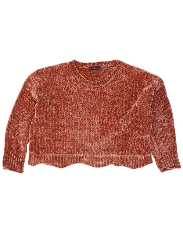 Zara Womens Oversized Crop Crew Neck Jumper Sweater UK 14 Medium Brown