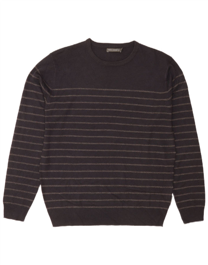 French Connection Herre Crew Neck Jumper Sweater Stor sort stribet akryl