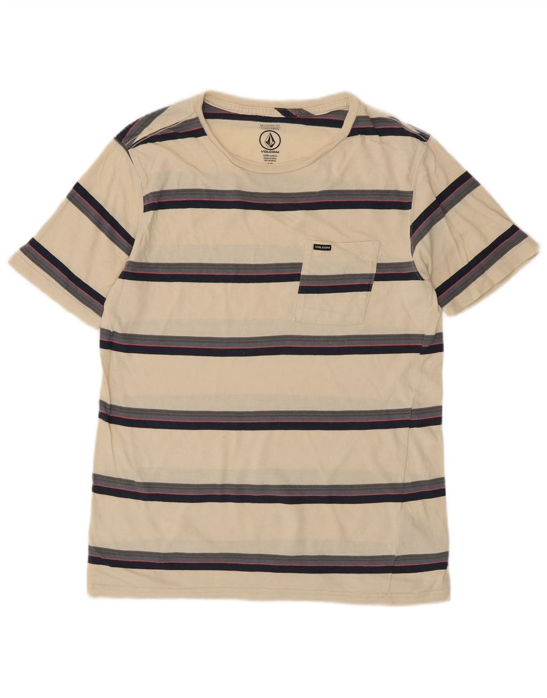 VOLCOM Mens Modern Fit T-Shirt Top Small Beige Striped Cotton