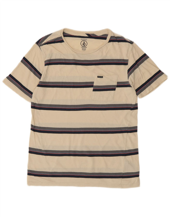 VOLCOM Mens Modern Fit T-Shirt Top Small Beige Striped Cotton