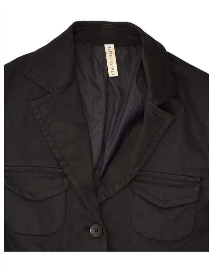 TRUSSARDI Womens 3 Button Blazer Jacket IT 42 Medium Black Cotton | Vintage Trussardi | Thrift | Second-Hand Trussardi | Used Clothing | Messina Hembry 