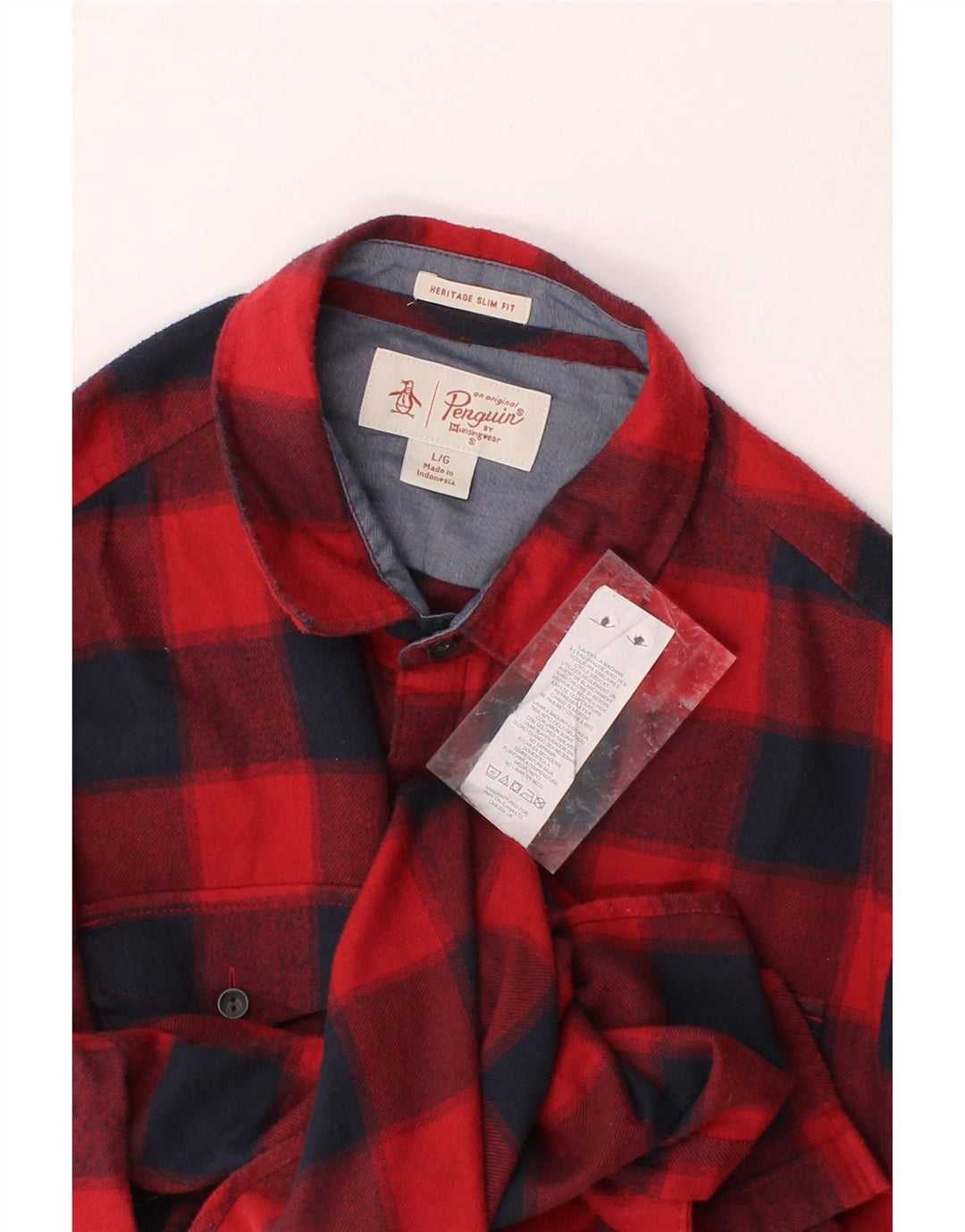 PENGUIN Mens Heritage Slim Fit Flannel Shirt Large Red Check Cotton Vintage Penguin and Second-Hand Penguin from Messina Hembry 