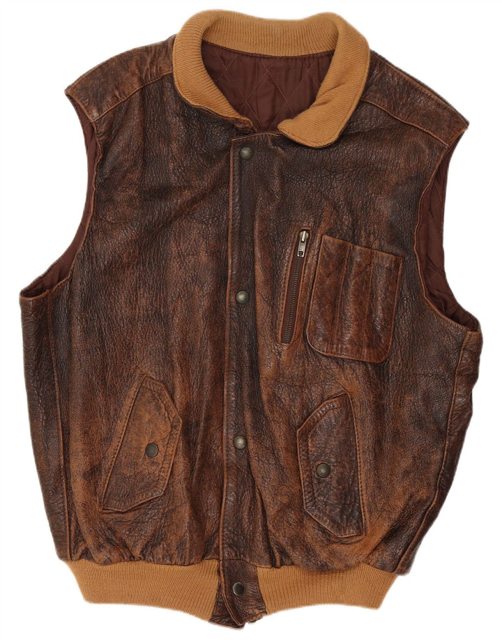 Vintage Herre Læder Gilet UK 38 Medium Brown